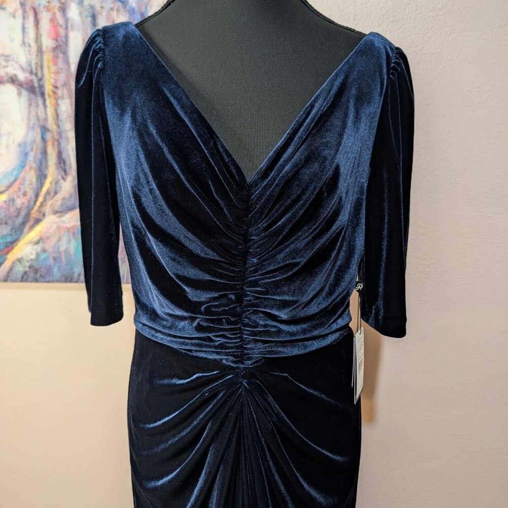 Navy Blue Velvet High-Low Dress Ruched V-Neck Wedding Guest Formal Cocktail Sz 8 - Picture 4 of 13